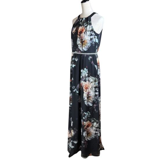SLNY Black Floral Halter Top Sleeveless Belted Lined Zip Up Maxi Dress Pockets - Picture 3 of 11